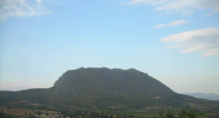 Acrocorinth rock and castle above Corinth, Greece.